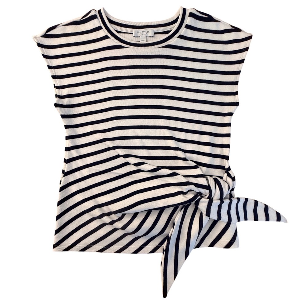 Ann Taylor Nautical Navy White Stripe Side Tie Cotton Knit Top Cap‎ Sleeve SM